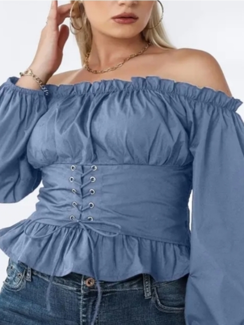 Off-Shoulder Lace-Up Peplum Blouse in Blue